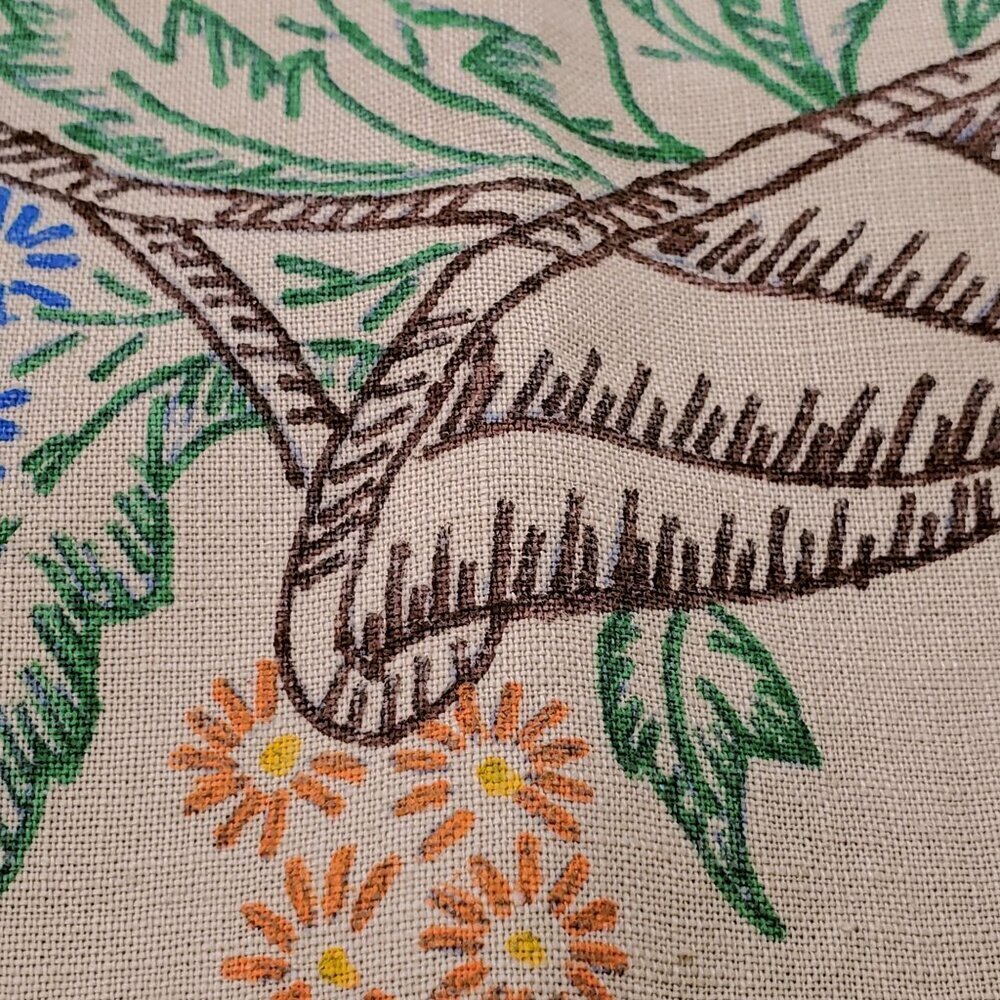 VTG Painted Beige Tablecloth With Floral Basket Design 32" X 32" Square Cotton - Picture 4 of 9